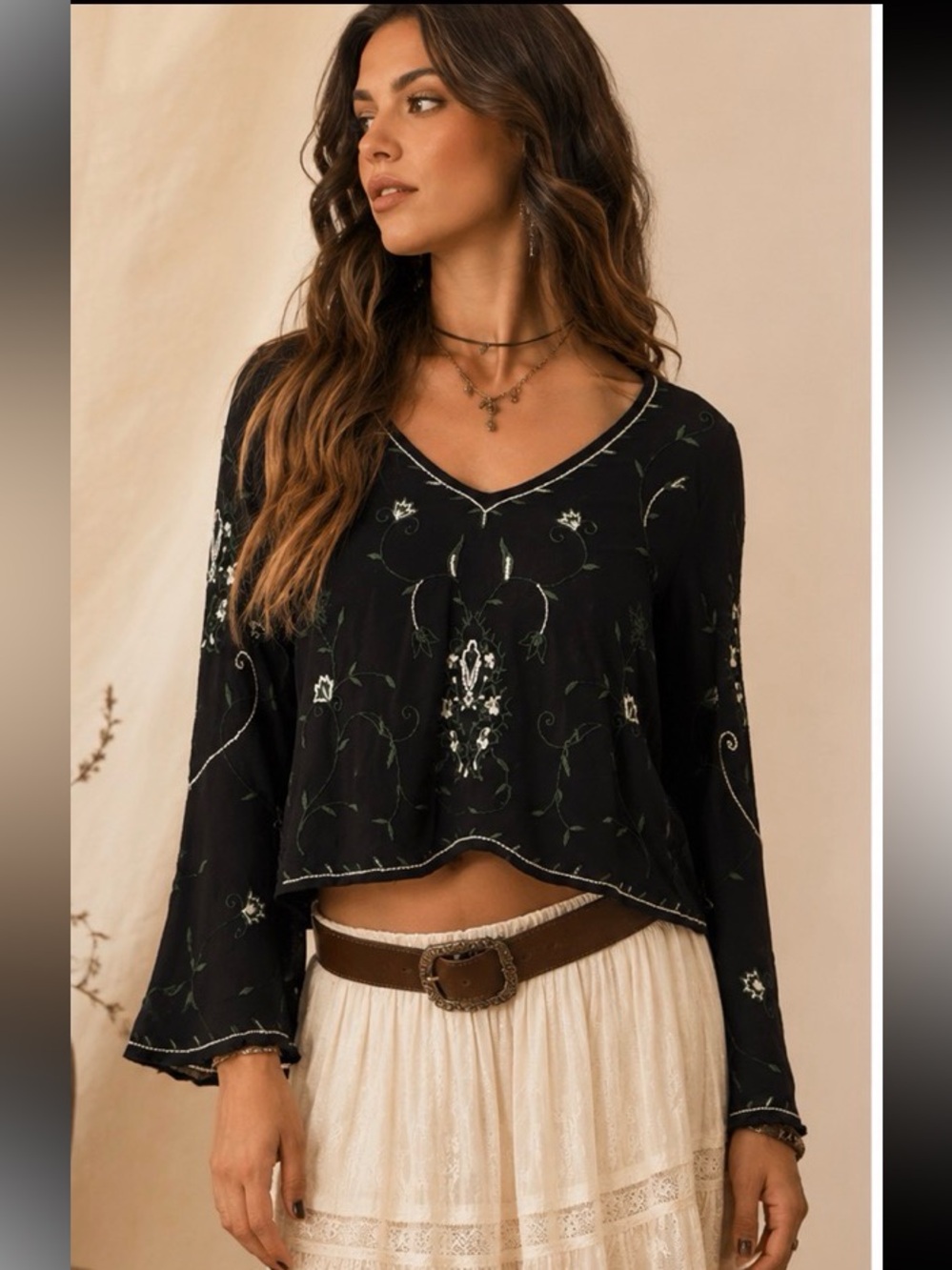hinge | Black Long-Sleeve V-Neck Crop Top with Floral Embroidery Festival Whimsy